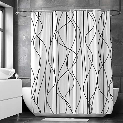 KEPPD Noir et Blanc Lignes Rideau de Douche Rideau de Salle de Bain Frabic Imperméable Polyester Rideau de Salle de Bain avec 12 Crochets Extra Long-XXL 90x200cm(35X79inch) Rideau de Douche