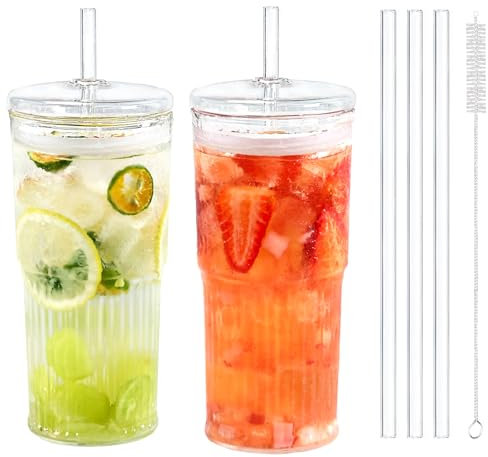 Puraville 20oz Glass Cups with Lids and Straws, 2 Pack High Borosilicate Iced Coffee Cups Drinking Glasses Tumbler for Smoothie, Water, Tea, Juice Drinks, Clear