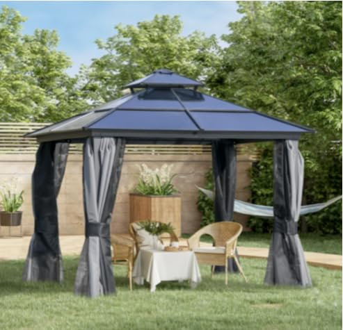 Garden Canopy Gazebo Large Hot Tub Metal Aluminium Structure Outdoor Pergola Patio Curtain Net Shelter Hardtop Roof Heavy Duty Awning Party Shed (3x3m)