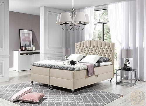 LENART FRIDERIK-EU - Bett mit Bettkasten Kontinentales Bett mit dekorative Kopfteil [ 180x200 - Creme Riviera 21 ] Doppel Boxspringbett mit Matratze Schlafzimmer komplett Set