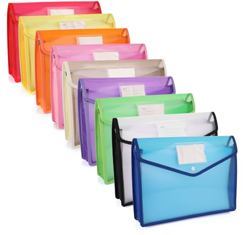 FWEEK 9 Stück Wasserdicht Dokumentenmappe A4, Sammelmappe A4, Sammelmappen Projektmappen Kunststoff Dokumentenmappe mit Druckknopf Umschlag Mappe Transparent für Reise Büro Dokument Schule