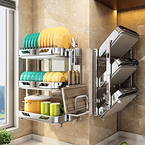 Edelstahl Wandmontage Drain Rack Geschirrkorb, Klappbarer Küchengeschirrständer,multifunktional Küchenutensilienhalter Mit Abtropfschale, 3-stufiges Geschirr Abtropfständer, Silber 1 Stück Geschirrabt