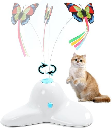 Vealind Jouet interactif pour Chat avec Papillon - Jouet électrique pour Chat - Intelligence - Tumbler - Fonctionne avec 2 Papillons - Blanc crème