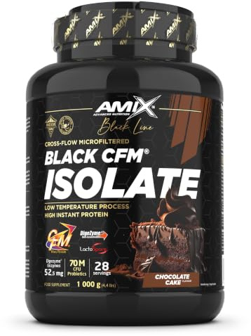 Amix | BLACK CFM ISOLATE Protein - Hilft bei der Erhaltung der Muskelmasse - Mit Verdauungsenzymen - Leichte Verdauung - Schnelle Absorption - Proteinpulver - 1 Kg - Schokoladenkuchen-Geschmack