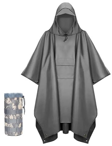Urby Übergröße Erwachsene Regenponcho mit Kapuze, Poncho Para Lluvia, Taktische Ponchos Erwachsene für Camping, Wandern, Reisen, Outdoor, GRAU, L/XXL