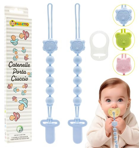 PAGGETTO Catenella Portaciuccio in Silicone Alimentare - Clip per l'Aggancio senza Viti per la Sicurezza dei tuoi Bambini - Set da 2 Catenine Ciuccio BPA FREE (Blu)