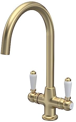 Balterley Kitchen Tap with Dual Lever Handles, Mono Kitchen Mixer Tap, Brushed Brass Mono Mixer Taps for Sink, Round Base with Curved Spout Taps for Sink - 160 x 220 x 375mm (Brushed Brass)
