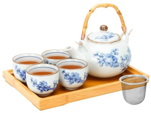 Japanese Tea Set Porcelain Tea Set with Teapot and Tea Cup Set for 4, Blue and White Tea Sets for Adults with Stainless Infuser and Bamboo Tray, Asian Tea Set for Tea Lovers/Women/Men (Plum & Bamboo)