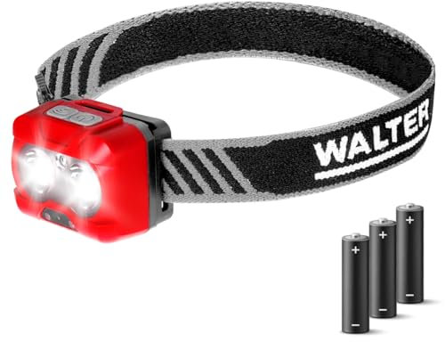 WALTER LED-Stirnlampe 450 LM, mit Sensorfunktion für bequemes Ein- und Ausschalten, 5 Modi, IP44 Wasserschutz – Ideal für Camping, Wandern und mehr, inkl. 3 x AAA-Alkalibatterien und Tragebox
