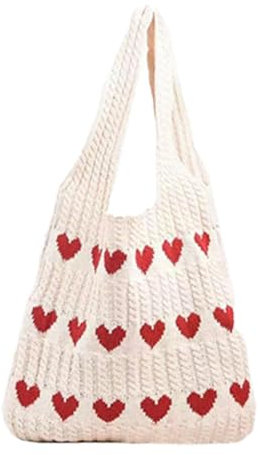 Quzente Gehäkelte Boho Einkaufstasche, Gehäkelte Mesh Einkaufstasche Für Damen, Herzform Modische Mädchen Urlaub Lässige Umhängetasche Für Frauen