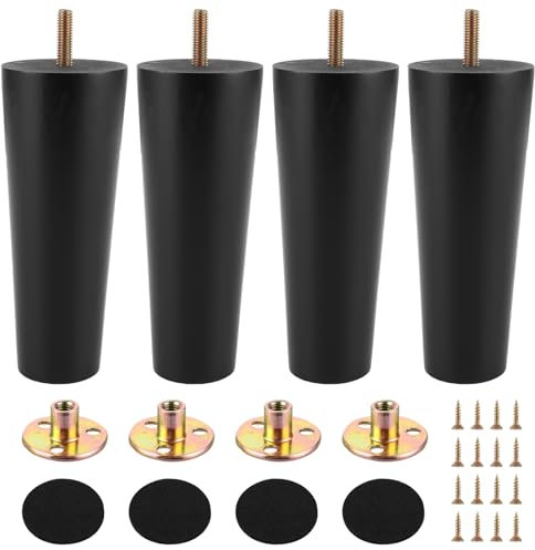 GBACHOOSE 4 Stück Möbelbeine Holz, 15cm Möbelfüße, Sofa Füße, Schwarz Mit M8 Bolzen, Montageplatte, Gummimatte für Couchtisch, Schrank