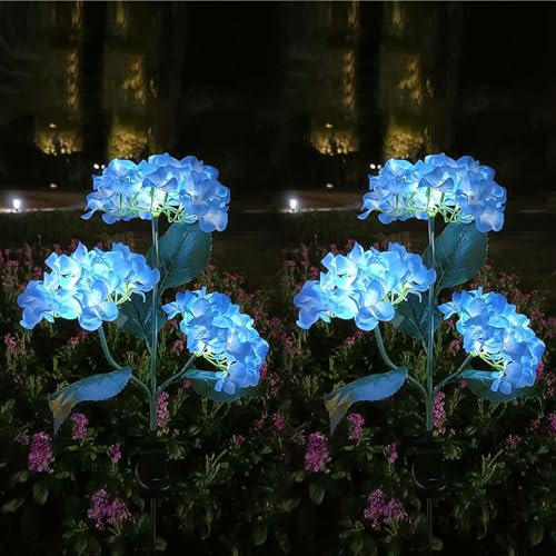 Uezeth 2-Pack Solar Garden LED Flower Lights Decoration, Solar Lights Outdoor Garden Waterproof, Hydrangea Solar Lights,Solar Garden Ornaments for Lawn Patio Porch Flowerbed Pathway (Blue), ED1295