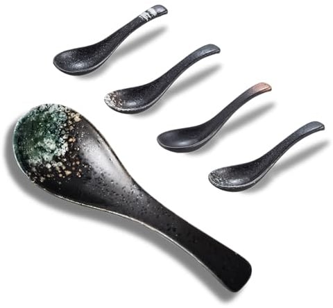 Keramik Löffel-Set, 5 Stück, Retro Stil, asiatisches Nudelbesteck 5 Stücke Keramik Löffel Set Retro Chinesische Ramen-Suppenlöffel Japanische Suppenlöffel für Suppe Dumplings