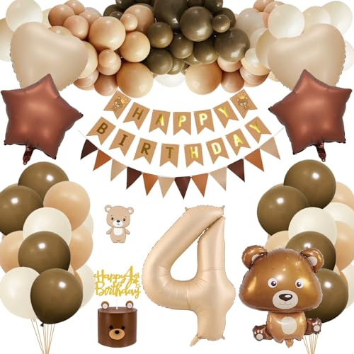 4. Geburtstagsdeko Junge Mädchen, Kindergeburtstag Deko mit Bär Luftballon, 4 Jahre Geburtstag Bär Deko, Happy Birthday Banner, Folienballon 4, Cake Topper, Partydeko für 4 Jahre Junge