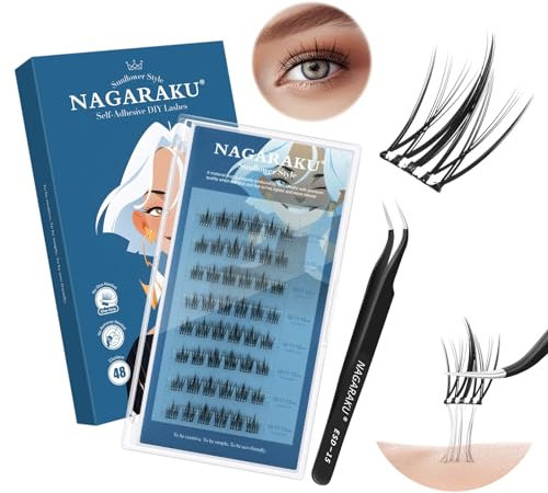NAGARAKU Cils Auto-Adhésifs avec Pince 48 Clusters Self Adhesive Sans Colle Ni Dissolvant Cils à Pressage en Une Étape Grappes Cils Réutilisables Pré-Collés Natural Look Sunflower (0,07mm C 10-12mm)
