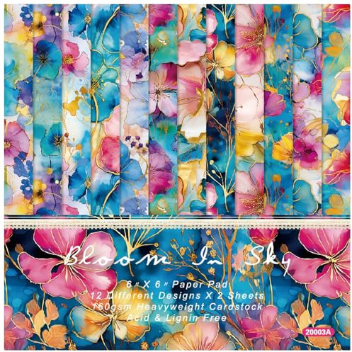 ZAKHSE Motivpapier 15,2x15,2cm, 48 Blätter Designpapier Blaues Aquarell Blumenmuster Gemusterte Scrapbook Papier, Einseitig Bedruckt Bastelpapier Bunt, 160gsm Säurefrei Dekopapier Papierkunst Zubehör