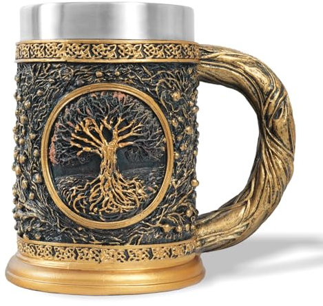 AtSKnSK Jarra de cerveza vikinga de acero inoxidable con un asa, mitología nórdica, martillo de Thor, árbol de la vida, café, jarras vikingas, regalos para hombres y mujeres (árbol de la vida)