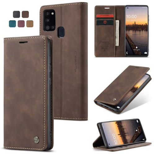 owlhold Handyhülle für Samsung Galaxy A21s Hülle, Premium Lederhülle Weiches Vintage-Nubukleder Faltbare Ständer Klapphülle Kartenfach Standfunktion stoßfest Schutzhülle für Samsung A21s - Kaffee