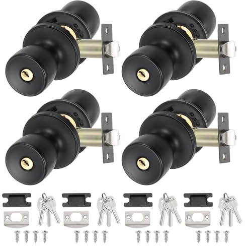 PATIKIL Key Entry Door Knobs Interior, 4 Pack Round Zinc Alloy Bedroom Bathroom Door Knob with Lock Entry Indoor Outdoor Door, Matt Black