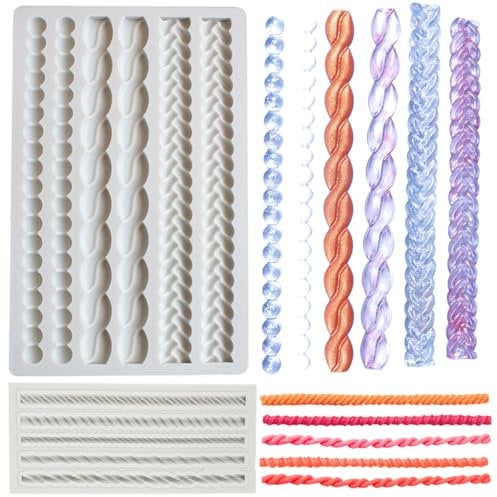 2 PCS Hemp Rope Fondant Mold Knit Rope Silicone Mold Rope Cake Decorating Silicone Molds Pearl Fondant Molds Rope Border Fondant Braid Mould Chain Sha