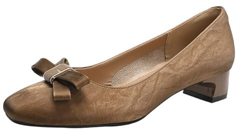 HIKKWXVN Women's Flat Heel Pumps, Block Heels Square Toe Ballet shoes for Women, Fashion Daily Office Wedding Party Shoes,Brown,36
