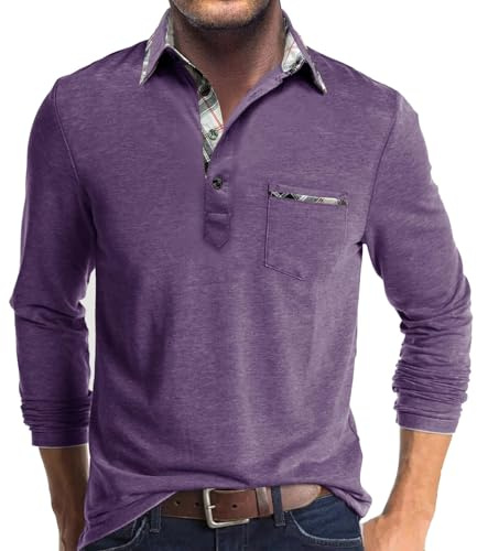 Comilaka Men's Polo Long Sleeve Casual Contrasting Color Polo Shirts with Pocket M-4XL