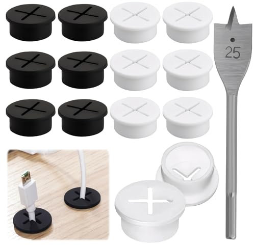 12 St Flexible Silikon Kabeldurchführung 25mm Schwarz Weiß Kabeldurchlass Schreibtisch Runde Kabeldurchführung Kunststoff Tisch Kabeldurchführung für Büro Wohnaccessoires Arbeitsplatz (Mit 1 Bohrer)