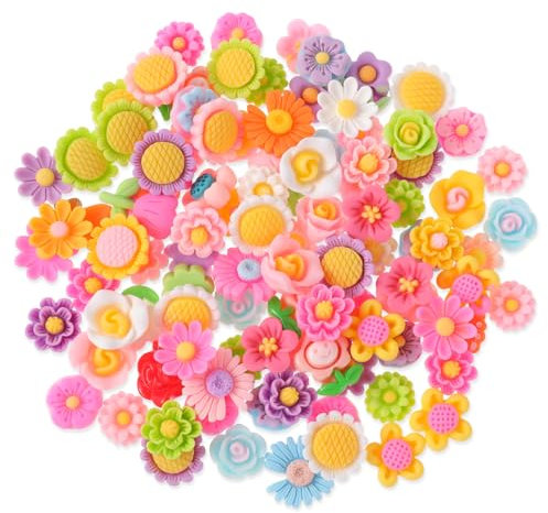 100 Stück Blumen Harz Charms, Blumenanhänger aus Kunstharz, Flacher Rückseite Cabochons, Mini Anhänger mit Dekorierten Blumenperlen, Blumenverzierungen für Nagelkunst DIY Scrapbooking Telefonhülle