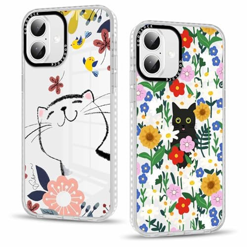 Phoona 2 packs Phone Case for iPhone 16 6,1'', Cat Flower Pattern with Cute Clear Transparent Aesthetics Design Cover, Soft Shockproof Protective Bumper Slim Funda for Women Girls