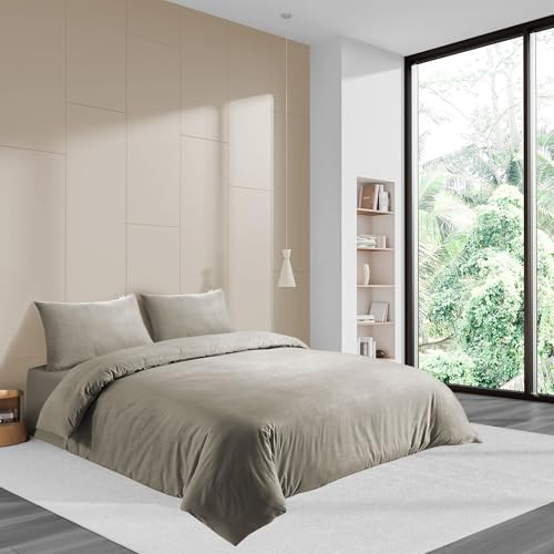 LYMA Bedding Duvet Cover Set Double Abstract Embossed, OEKO-TEX Certified, Ultra Soft NanoPlush Double Brushed Quick Dry, Button Closure, Wrinkle Fade Resistant Quilt Cover with Pillowcase (Beige)