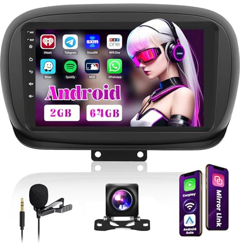 2+64GB Android Radio Coche para Fiat 500X 2014-2020 Carplay Android Auto, 9 Pulgadas Pantalla Bluetooth Autoradio con Cámara Trasera, GPS Navci, WiFi, FM RDS Radio, EQ DSP