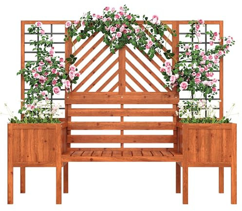 Fioriera con Grigliato, Vaso per Fiori, Fioriera da Esterno Grandi per Fioriera, Legno Massello di Abete Marrone, Fioriera con Traliccio e Seduta per Terrazza da Giardino, Planter Box Trellis