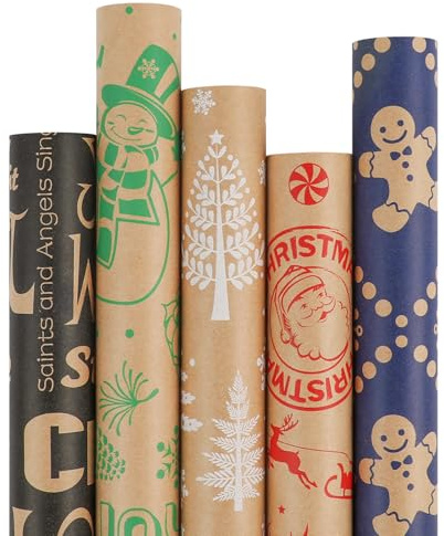 WRAP STORM Geschenkpapier Weihnachten – 5 Rollen (43cm x 3m) – Vintage Kraft, Blau, Rot & Schwarz mit Lebkuchen, Weihnachtsmann & Festlichen Schriftzügen