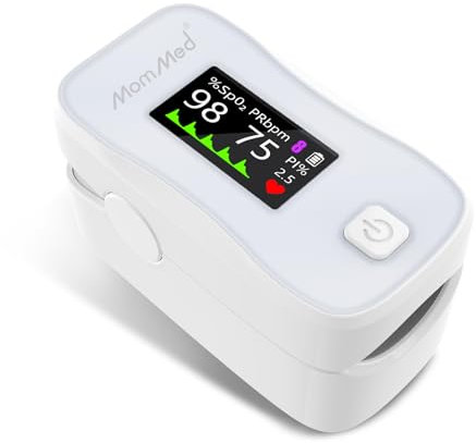 MOMMED Pulse Oximeter mit Display - Sauerstoffsättigung (SpO2), Pulsfrequenz (PR) & Perfusionsindex (PI) - Finger-Oximeter für Erwachsene & Kinder - Genau & tragbar für Sport, Fitness, Reisen
