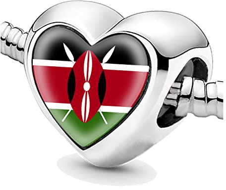 Jycycem Kenya Kenyan Flag Heart Beads for Bracelets Jewelry Making DIY Silver Charms for Women