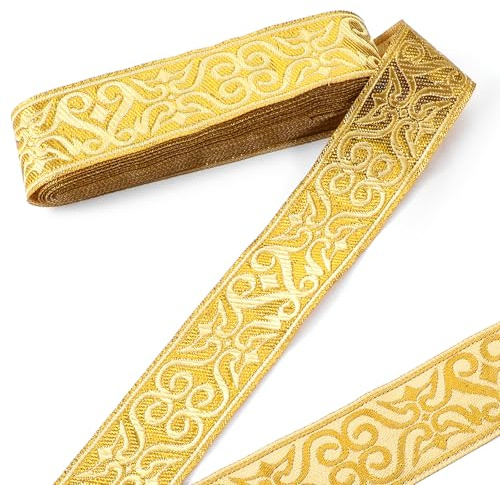 7 Meter Goldene Borte Breit Jacquard Ribbon Trim Boho Gewebte Trim | Ethnische Blumenband Gold Stickerei Polyester Flachband für DIY Handwerk Kleidung Zubehör Dekorationen