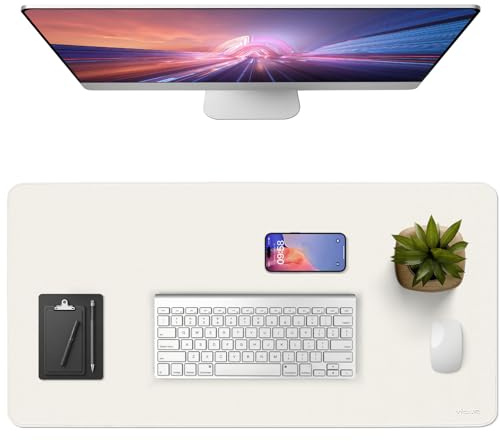 Vicwe Schreibtischunterlage, 120 x 60 cm Schreibtischunterlage aus PU-Leder, Rutschfester Multifunktionales Office Mousepad Laptop Schreibunterlage, Tisch-Schutz Unterlage für Büro/Zuhause (Weiß)