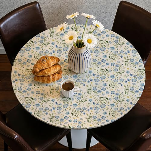 CUTHOLLOW Tischdecke Rund Mit Gummizug Ø52in(132cm) - Blau Blumen Muster - Outdoor Tischdecke Rund Abwaschbar Elastisc, Wetterfest Geblümte Tischdecke Für Garten, Für Tische Von 114,3-132cm Geeignet