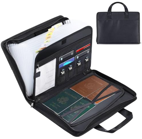 Pomodee Funda para documentos ignífuga A4, maletín impermeable con organizador de 13 compartimentos, cremallera y asa, carpeta de documentos para pasaporte, efectivo, certificados (Negro)