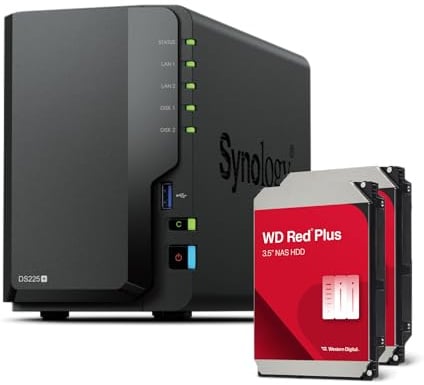 Synology DS225+ Bundle 8TB Western Digital (WD Red Plus 2X 4TB) 2-Bay Plus Series - Intel Celeron J4125 Quad-Core, 2GB Non-ECC DDR4 SODIMM 1x2.5GbE e 1x1GbE RJ-45 LAN Port