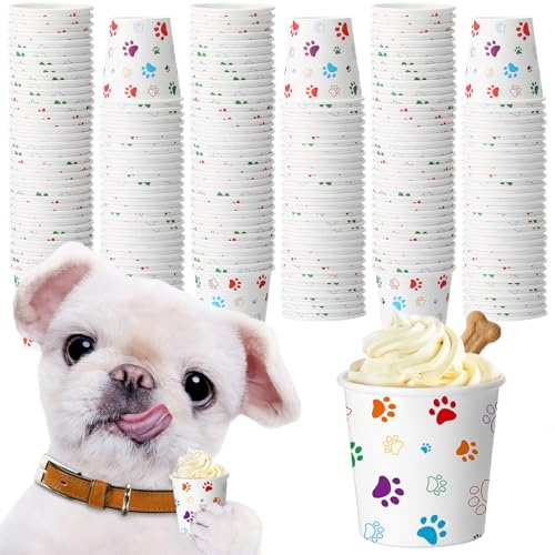 Yungyan 100 Pcs 3 oz Tiny Pup Cups Paw Print Cream Paper Cups Colorful | Disposable Mini Pup Cup for Snacks Mini Puppy Dog Paw Pattern Snack Container for Puppy Food Treat Feeding PET Party Supplies