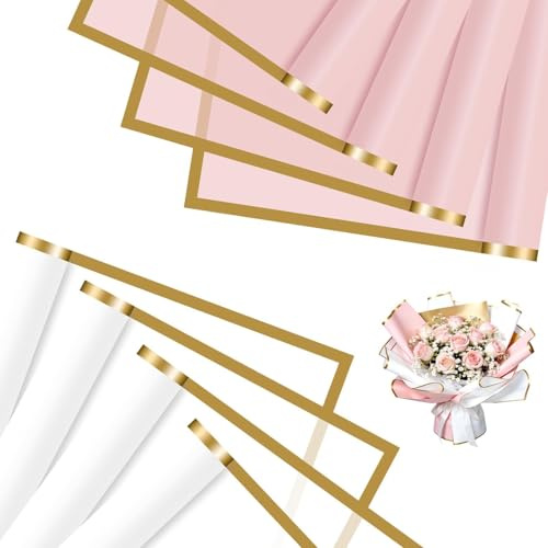 jwtyu 40 Blatt Blumen Papier Rosa und Weiß Blumenpapier 57x57cm | Blumenstrauß Papier, Wasserdicht, Papier für Blumenstrauß Geschenkboxen Schmücken und DIY