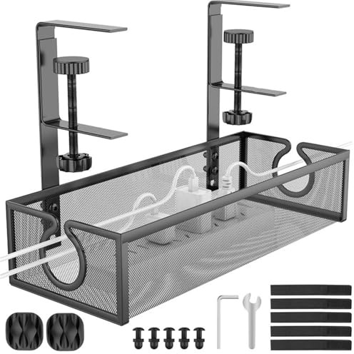 Under Desk Cable Management Tray 13.3‘’/34CM, No Drill Cable Tray with Clamp, Metal Mesh Wire Organiser, Side Opening Desk Cable Tidy for Standing Desk Home Office(Black)