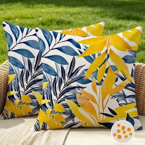 Outdoor Kissen Kissenbezug 40x40 Wasserfest Blau Gelb Tropische Blätter Sommer Frühling Dekorative Kissenhülle Sofakissen Dekokissen Kissenbezüge Zierkissenbezug für Sofa Wohnzimmer Garten 2er Set