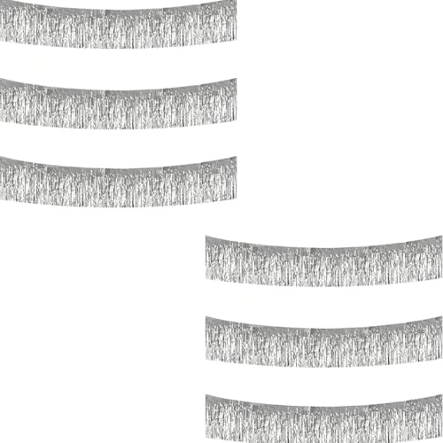 6 Stück Lametta Girlande Silber, 30cm x 3m Fransengirlande Metallic Folie Banner für Geburtstag Deko, Hochzeit, Silvester Party, Karneval Wagen | Glitzer Tischrock Fotowand Hintergrund Dekoration