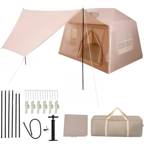 COSTWAY Inflatable Camping Tent, Portable Blow up Air Glamping Tent with Pump, Doors, Mesh Windows, Canopy and Storage Bag, Easy Setup Windproof Luxury Cabin Tents