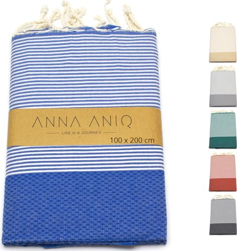 ANNA ANIQ Hamamtuch groß 100x200 cm Reise Strandtuch XXL Saunatuch Damen - 100% Baumwolle Fouta Pestemal Stranddecke Saunakilt Saunahandtuch Herren Badetuch Pareo Strandhandtuch (Blau)