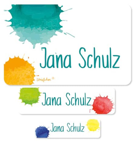Striefchen® Schuletiketten mit Namen im 100er Pack - Farbklecks - ideal für das Beschriften von Heften und Büchern in der Schule