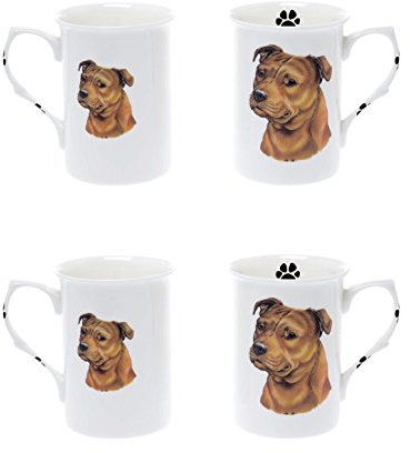 (BB59) Bone China Set of 4 Red Staffie / Brindle Staffordshire Bull Terrier Mugs Presentation Gift Boxed