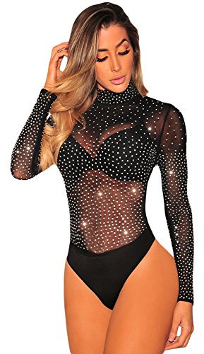 NBBNYJ Body Nero Donna Elegante Vintage Bodysuit Estivi Mesh Daimonds Manica Lunga Blusa Camicie Top Tuta Abbigliamento (Nero, S)